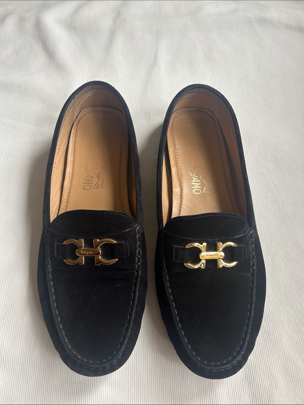 Salvatore Ferragamo Black Suede Drivers Loafers with Gold Gancini Hardware 10 M